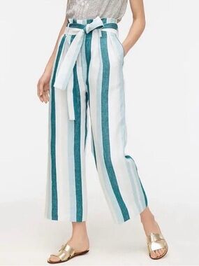 J Crew Paper Bag Waist Linen Pants Cabana Stripe Wide Leg Green White Sz 6